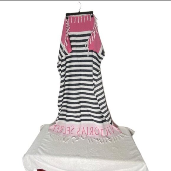 Victoria's Secret Black & White Striped Woven Cotton Beach Blanket W Fringe - Picture 7 of 15